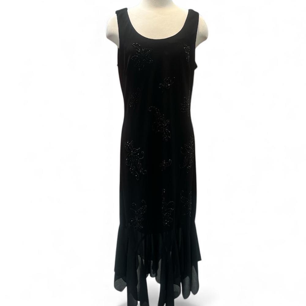 Guilia Maxi‎ Dress Women 16 Black Beaded Floral Handkerchief Hem Capelet Set